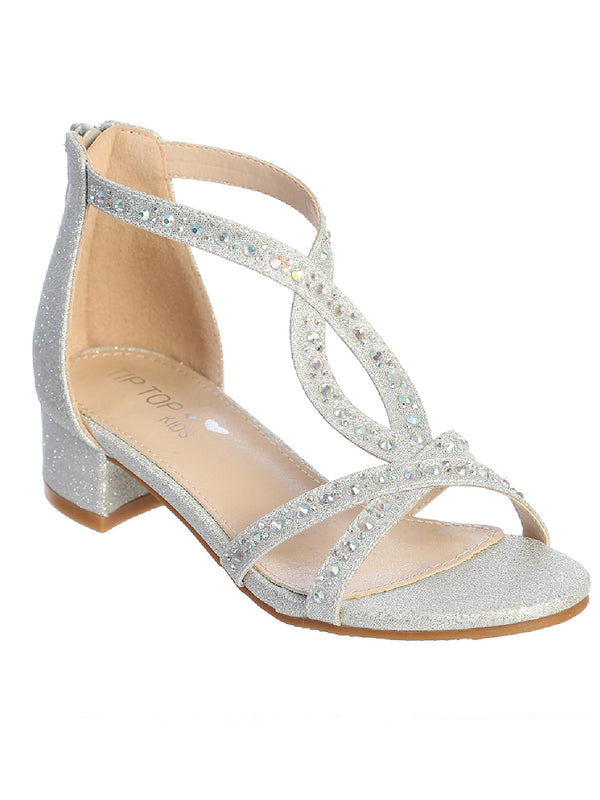 Tip Top Kids Girls Silver Rhinestone Low Heel Strappy Sandals 9 Toddler-5 Kids - SophiasStyle.com